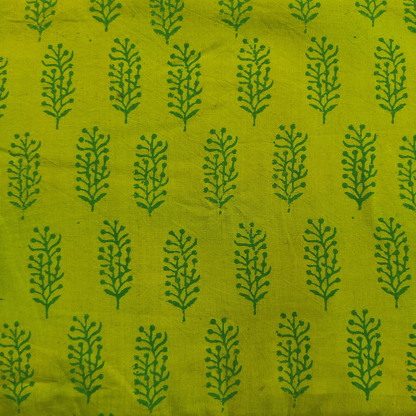 ( Pre-Cut 2 Meter ) Pure Cotton Dabu Green With Dark Green Plant Hand Block Print Fabric