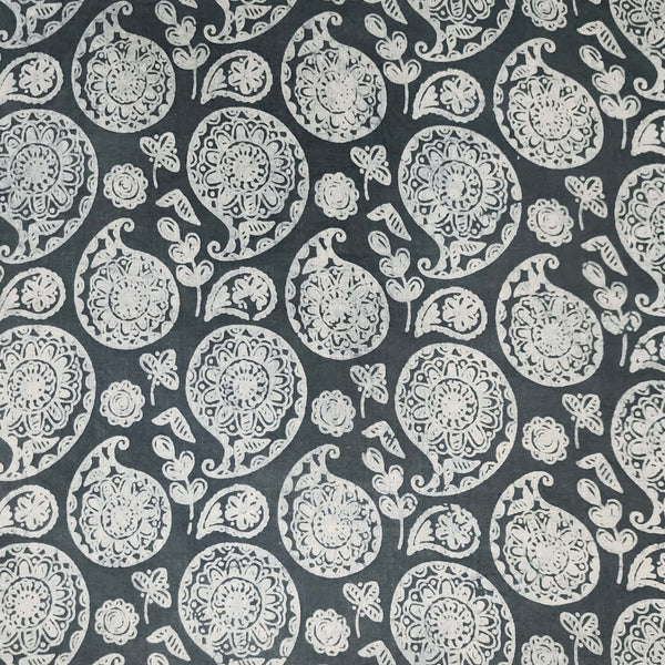 ( Pre-Cut 1.75 Meter ) Pure Cotton Dabu  Grey With White Kairi Hand Block Print Fabric