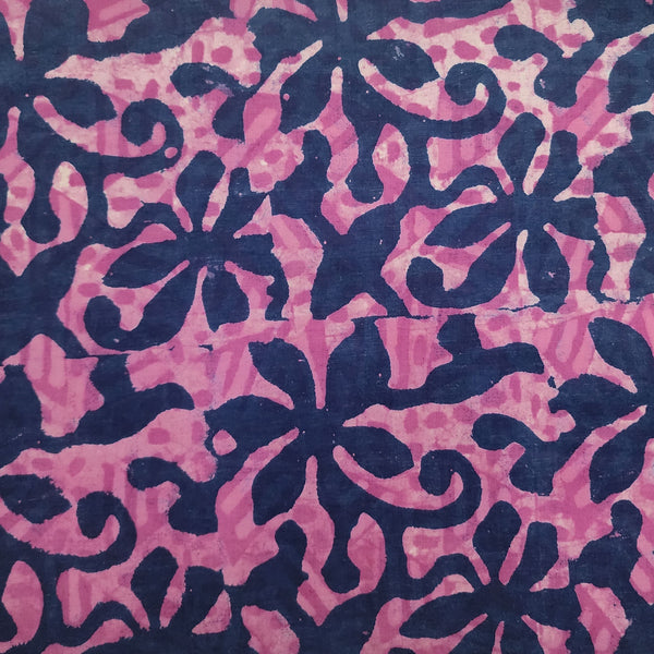 Pre Cut ( 1.80 Meter) Pure Cotton Jahota Pink With Navy Floral Jaal Hand Block Print Fabric