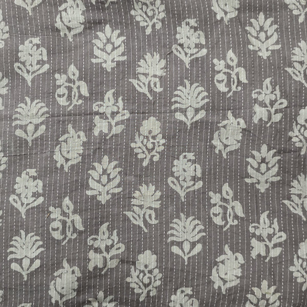 Pure Cotton Kashish  Kaatha Grey With White Flower Motif Hand Block Print Fabric