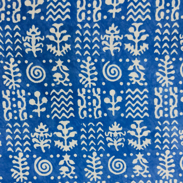 Pre Cut (1 Meter) Pure Cotton Dabu Light Blue With Cream Intricate Design Hand Block Print Fabric