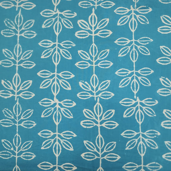 ( Pre-Cut 2 Meter )Pure Cotton Dabu Light Blue With Cream Leafy Flower Hand Block Print Fabric