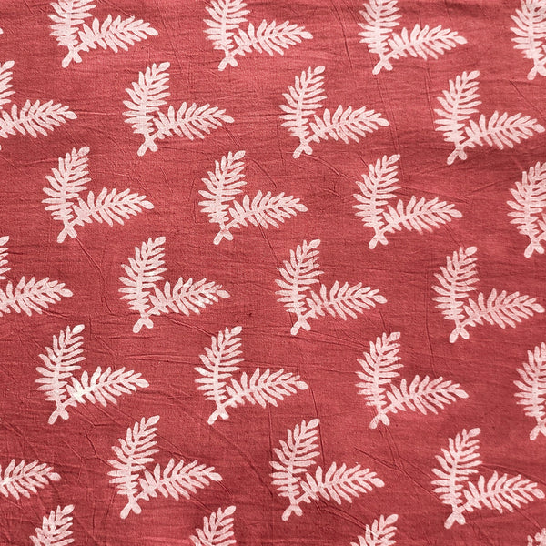 ( Pre-Cut 1 Meter ) Pure Cotton Dabu Mud Red With White Leaves Hand Block Print Fabric