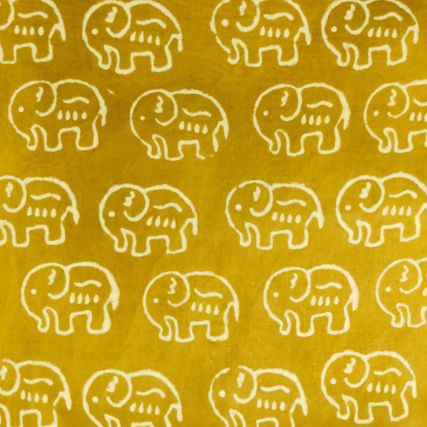 ( Pre-Cut 0.85 Meter )Pure Cotton Dabu Mustard With Cream Big Elephant Motif Hand Block Print Fabric