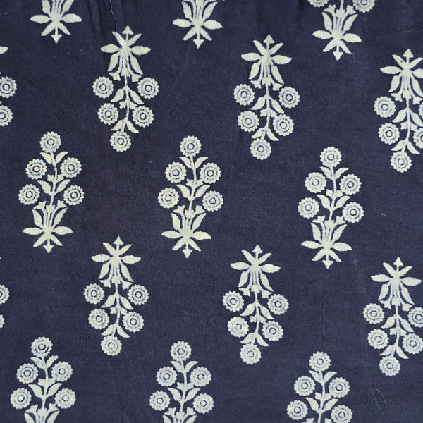 ( PRE-CUT 1.60 METER ) Pure Cotton Dabu  Navy Blue With White Flower Motif Hand Block Print Fabric