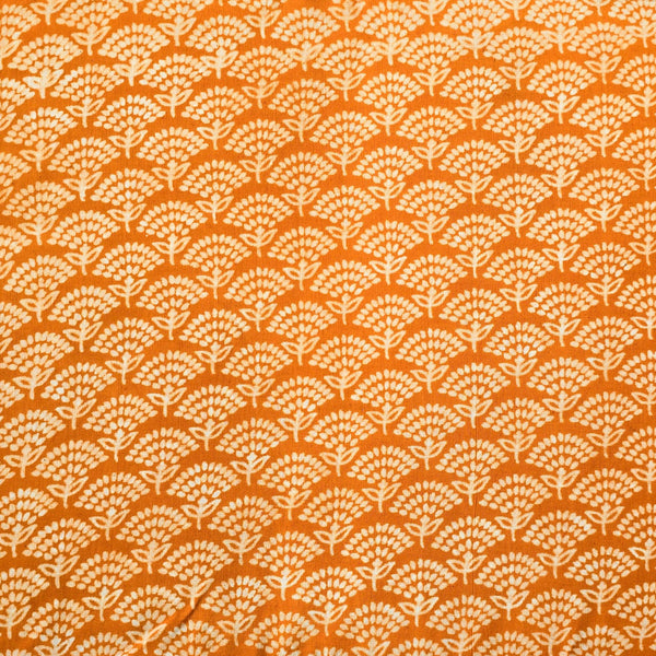 Pure Cotton Dabu Orange With Cream Flower Motif Hand Block Print Fabric