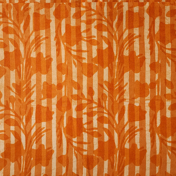 Pure Cotton Moum Batik Orange With White Stripes With Flower Creeper Hand Block Print Fabric