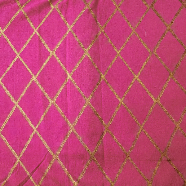 ( Pre-Cut 1.85  Meter ) Pure Cotton Dabu Pink With Golden Jaal Hand Block Print Fabric