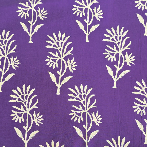 Pure Cotton Dabu  Purple With White Big Flower Design Hand Block Print Fabric