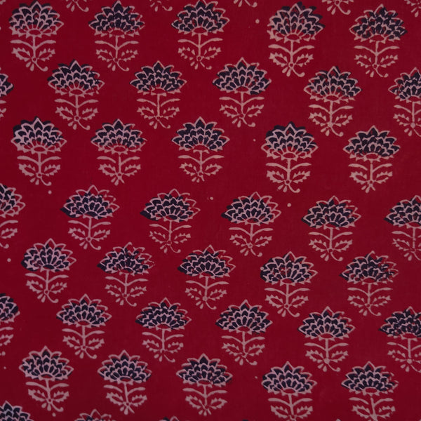 ( Pre-Cut 1.35 Meter ) Pure Cotton Dabu Red With Black Cream Flowers Hand Block Print Fabric