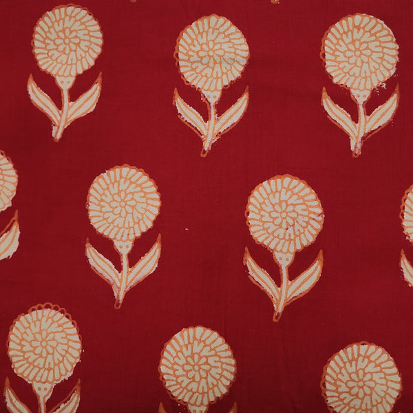 ( Pre-Cut 2.30 Meter ) Pure Cotton Dabu Red With Marrigold Hand Block Print Fabric