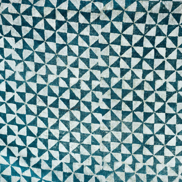 Pure Cotton Dabu Teal Green With White Triangles Hand Block Print Fabric