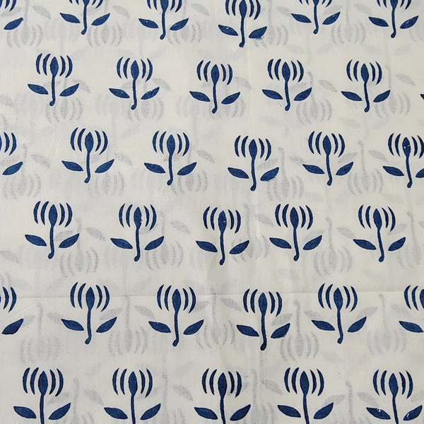 ( PRE-CUT 1.90 METER ) Pure Cotton Dabu White And Blue Lotus Hand Block Print Fabric