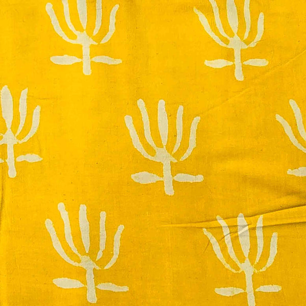 Pure Cotton Dabu Yellow With White Lotus Motif Hand Block Print Fabric