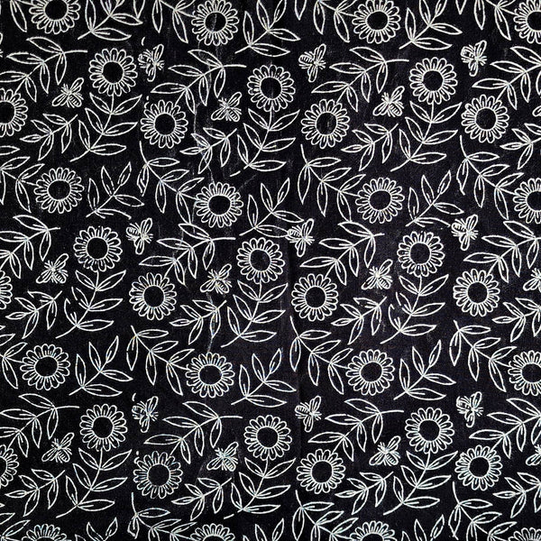 Pure Cotton Discharge Black With White Flower Jaal Hand Block Print Fabric