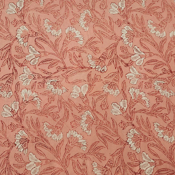 Pre-Cut 1 Meter Pure Cotton Discarge Peach With Maroon And White Floral Jaal Hand Block Print Fabric