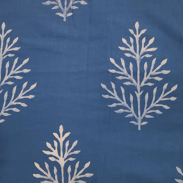 ( PRE-CUT 0.80 METER ) Pure Cotton Discharge Blue With White Leaves Motif Hand Block Print Fabric