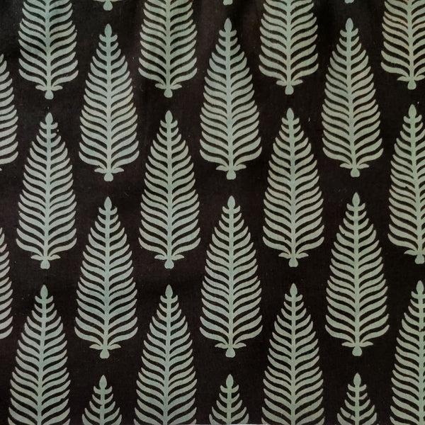 ( Pre-Cut 1.40 Meter )Pure Cotton Discharge Dabu Black With Grey Fern Hand Block Print Fabric