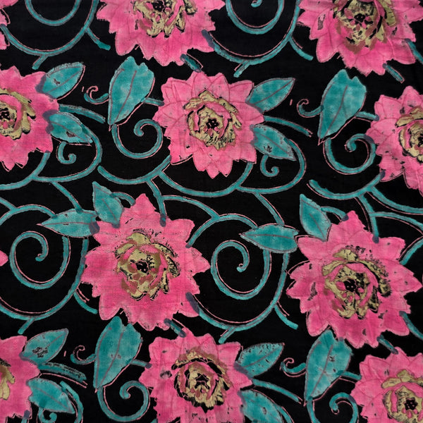 Pure Cotton Discharge Doby Black With Pink Big Rose Flower Jaal Hand Block Print Fabric