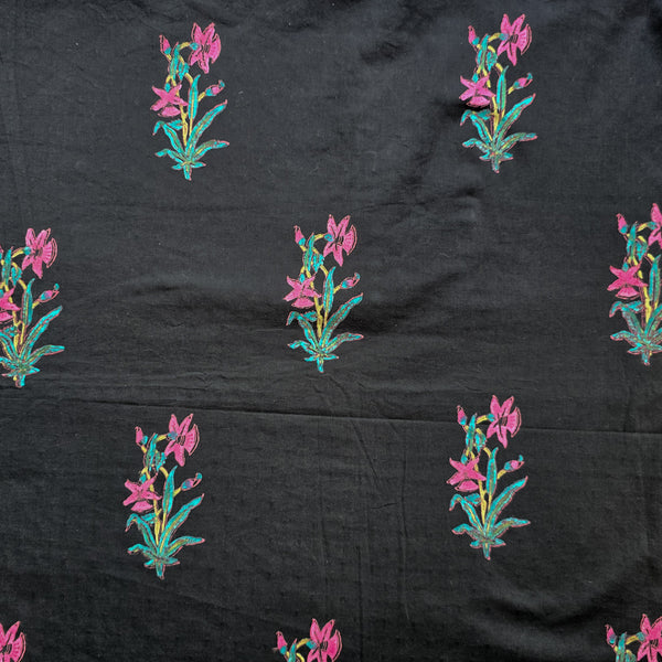 Pure Cotton Discharge Doby Black With Pink Flower Plant Motif Hand Block Print Fabric