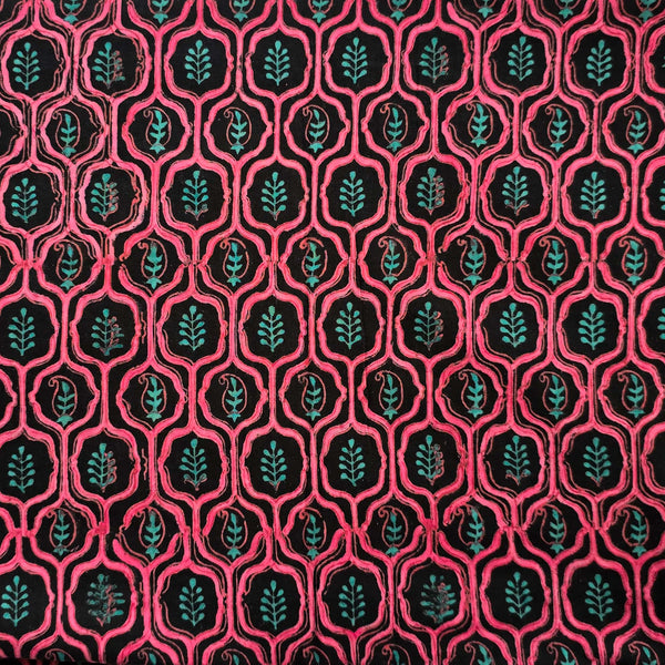 Pure Cotton Discharge Doby Black With Pink Intricate Design Hand Block Print Fabric