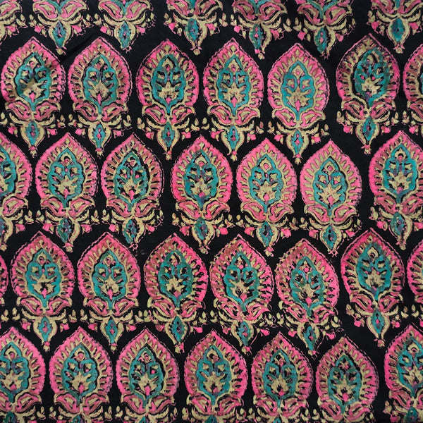 ( PRE-CUT 1.40 METER ) Pure Cotton Discharge Doby Black With Pink Leaves Motif Hand Block Print Fabric