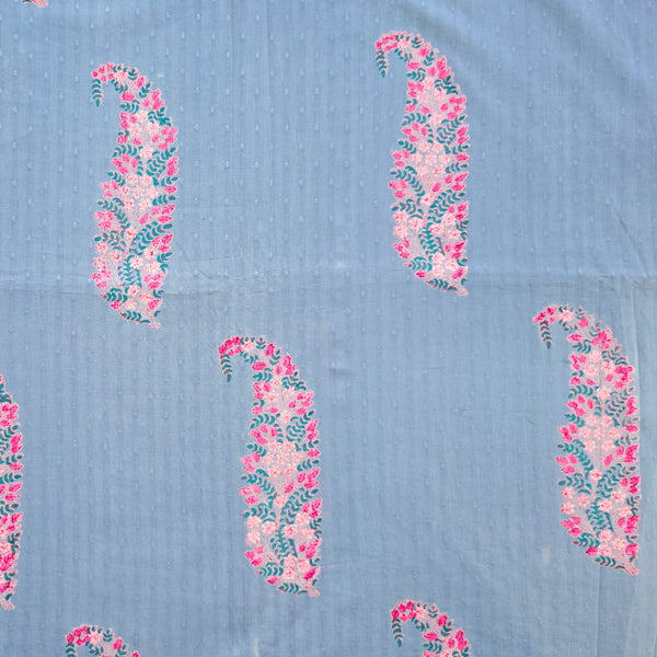 Pure Cotton Discharge Doby Blue With Pink Big Kairi Motif Block Print Fabric