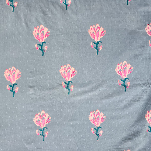 Pure Cotton Discharge Doby Blue With Pink Flower Motif Block Print Fabric