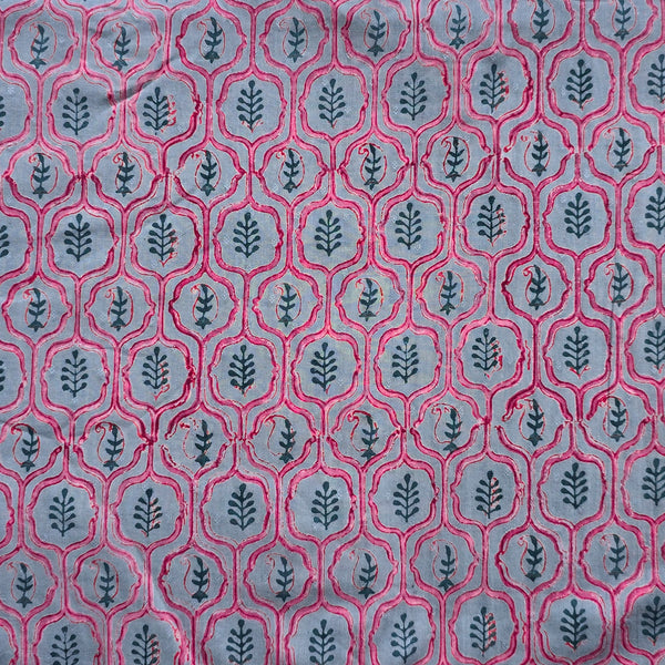 Per Cut (1.5 Meter) Pure Cotton Discharge Doby Blue With Pink Intricate Design Jaal Hand Block Print Fabric