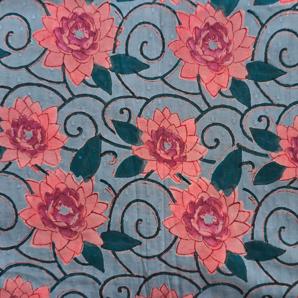 Pure Cotton Discharge Doby Blue With Shades Of Pink Big Rose Flower Jaal Hand Block Print Fabric