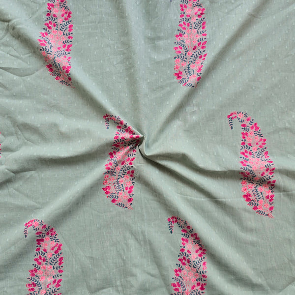 Pure Cotton Discharge Doby Sea Green With Pink Big Kairi Motif Hand Block Print Fabric