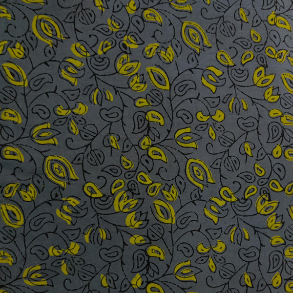 ( Pre-Cut 2 Meter )Pure Cotton Discharge Naptol Grey With Yellow Black Jaal Hand Block Print Fabric