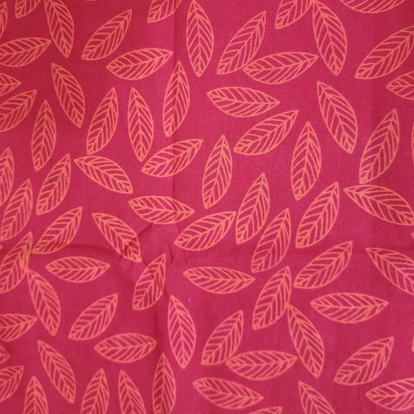 ( Pre-Cut 1.75 Meter )Pure Cotton Discharge Pink With Orange Leaves Motif Hand Block Print Fabric