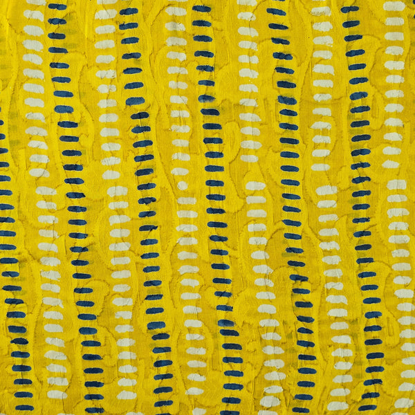 ( Pre-Cut 1.80 Meter )Pure Cotton Doby Dabu Yellow With White And Blue Dash Stripes Hand Block Print Fabric