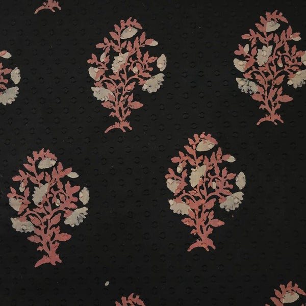 (Pre-Cut 1.20 Meter) Pure Cotton Doby Dabu Black With Light Pink Rose Big Motif Hand Block Print Fabric