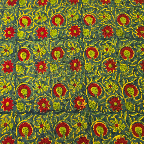 ( Pre-Cut 1.50 Meter )Pure Cotton Doby Dabu  Mehendi Green With Red And Yellow Flower Jaal Hand Block Print Fabric