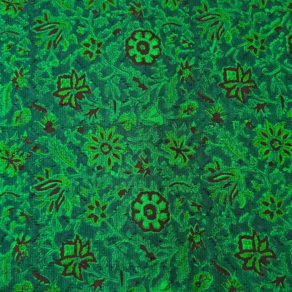 (PRE-CUT 0.87 METER)Pure Cotton Doby Dabu Green With Black Flowers And Light Green Leaves Jaal Hand Block Print Fabric