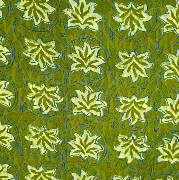 ( Pre-Cut 1.10 Meter )Pure Cotton Doby Dabu Light Green With Cream Flower And Blue Jaal Hand Block Print Fabric