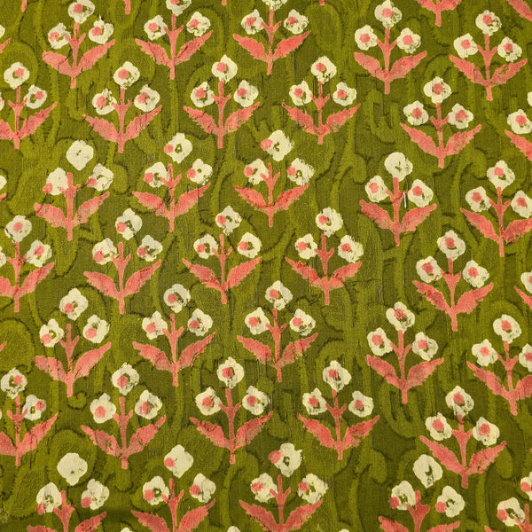 Per Cut (1 Meter) Pure Cotton Doby Dabu Mahindi Green With Cream And Pink Flowers  Motif Hand Block Print Fabric