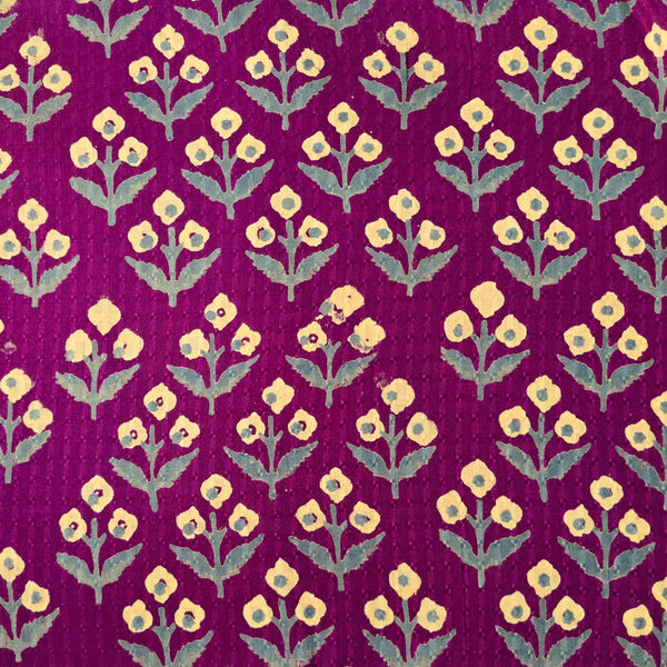 Pre Cut 1.6 m Pure Cotton Doby Dabu Purple With Yellow Flowers Motif Hand Block Print Fabric