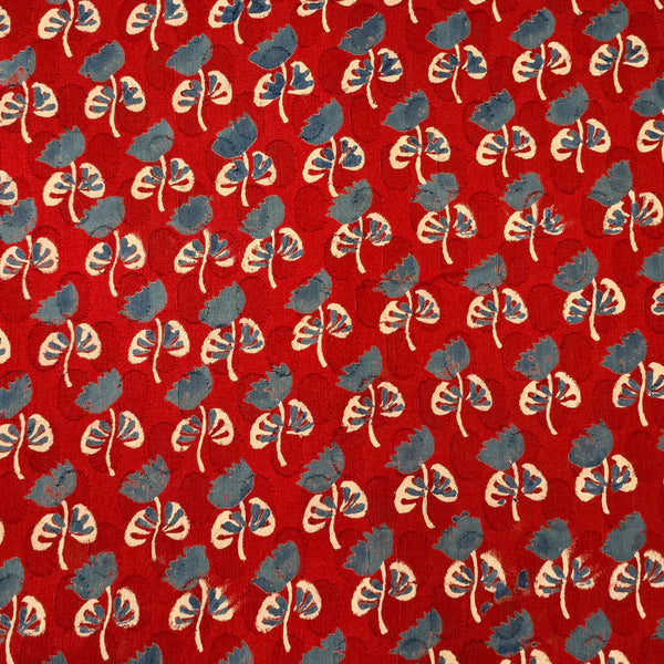 ( PRE-CUT 1 METER ) Pure Cotton Doby Dabu Red With Blue Shy Flower Hand Block Print Fabric(