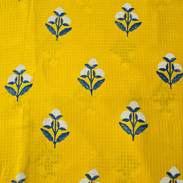 Pre cut (1.70 Meter) Pure Cotton Doby Dabu Yellow With White And Blue Big Flower Motifs  Hand Block Print Fabric