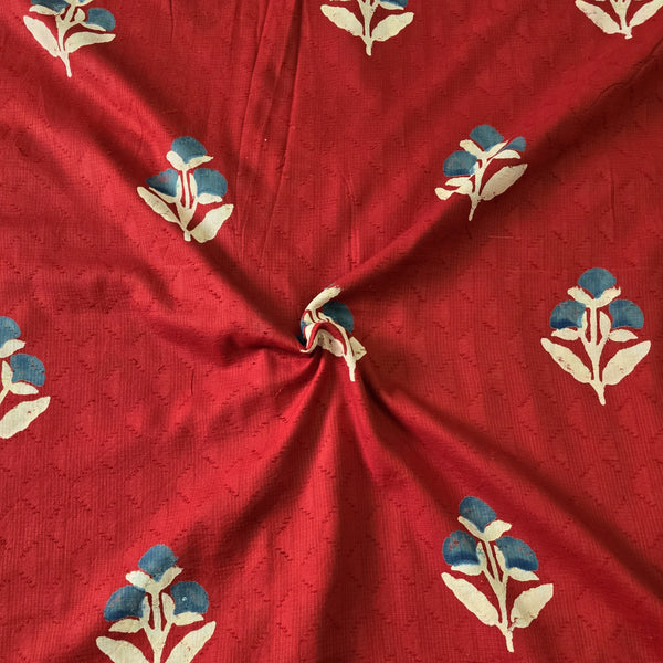 Pre Cut ( 1.35 Meter)Pure Cotton Doby Dabu Red With Blue Big Flower Motif Hand Block Print Fabric