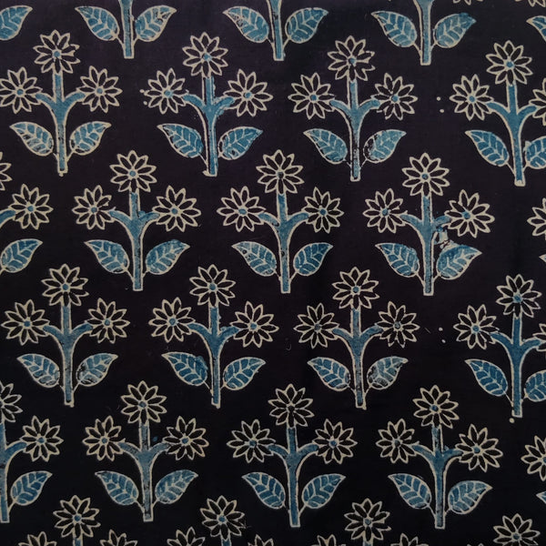 PRE-CUT 1.5 METER  Pure Cotton Double Ajrak Black With Blue Cream Plants Hand Block Print Fabric