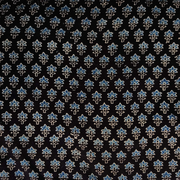 ( Pre-Cut 2.40 Meter )  Pure Cotton Double Ajrak Black With Blue Cream Small Flower Hand Block Print Fabric