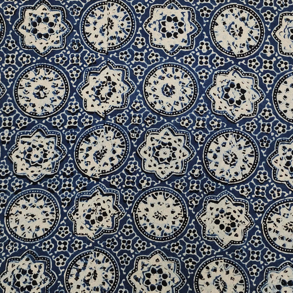 ( Pre-Cut 2.25 Meter ) Pure Cotton Double Ajrak Blue With Cream And Black Circle Star Tile Hand Block Print Fabric