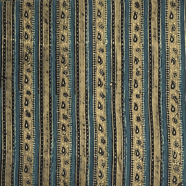 Pure Cotton Double Ajrak Blue With Mustard Border Intricate Design Hand Block Print Fabric