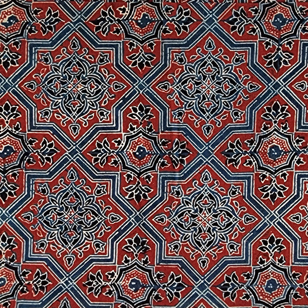 Pure Cotton Double Ajrak Blue With Red Star Design All Over Fabric Hand Block Print Fabric