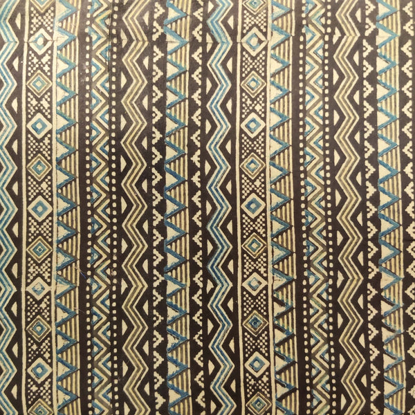 (Pre Cut 0.80 Meter )Pure Cotton Double Ajrak Brown Blue Multi Border Hand Block Print Fabric