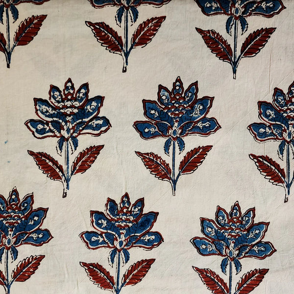 (Pre-Cut 1.35 Meter) Pure Cotton Double Ajrak Cream With Blue Big Wild Flower Hand Block Print Fabric